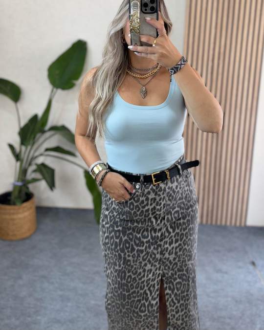 Açık mavi oval yaka kolsuz uzun body
