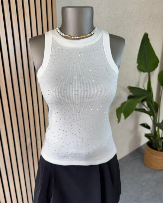 Beyaz taşlı halter yaka body