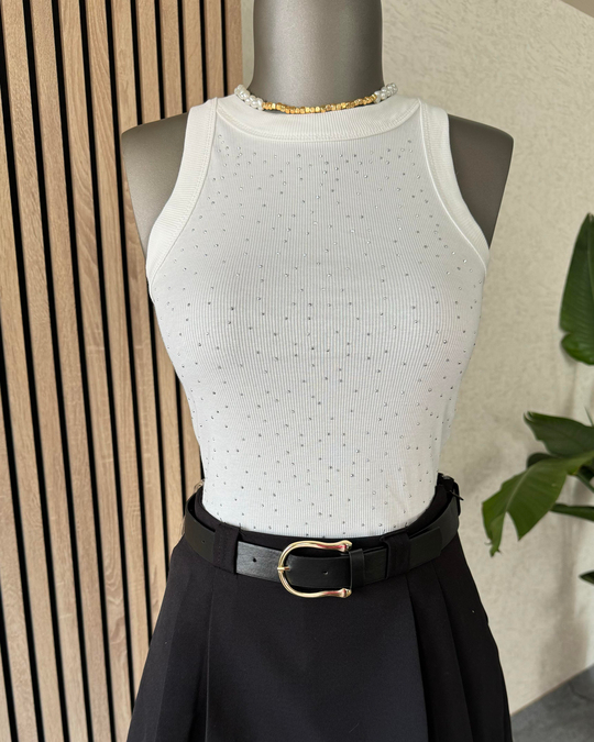 Beyaz taşlı halter yaka body