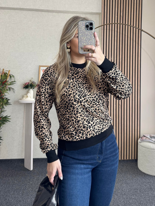 TABA-SİYAH LEOPAR PAMUK DOKUMA BLUZ 