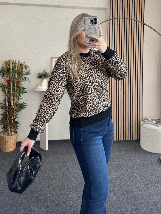 TABA-SİYAH LEOPAR PAMUK DOKUMA BLUZ 