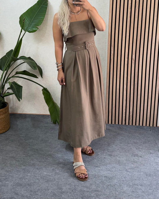 Haki Yeşili Madonna yaka tencel kumaş premium kalite kemerli uzun elbise