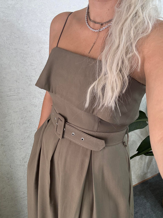 Haki Yeşili Madonna yaka tencel kumaş premium kalite kemerli uzun elbise