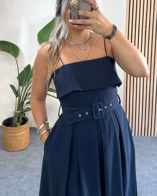 Lacivert Madonna yaka tencel kumaş premium kalite kemerli uzun elbise