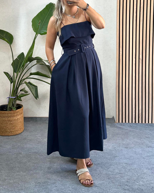 Lacivert Madonna yaka tencel kumaş premium kalite kemerli uzun elbise