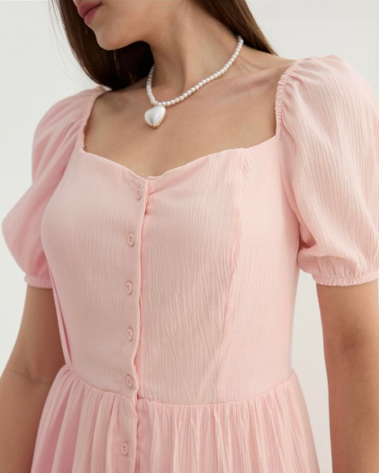 Pembe kısa kollu önden düğmeli içten astarlı midi boy elbise