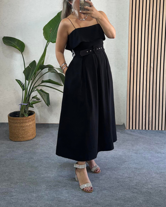 Siyah Madonna yaka tencel kumaş premium kalite kemerli uzun elbise