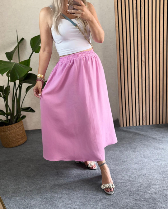 Pembe keten pamuklu kloş bilek boy cepli etek