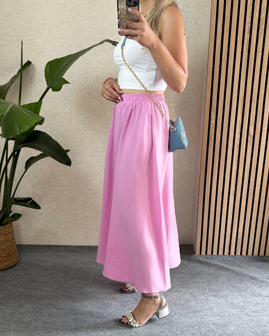 Pembe keten pamuklu kloş bilek boy cepli etek