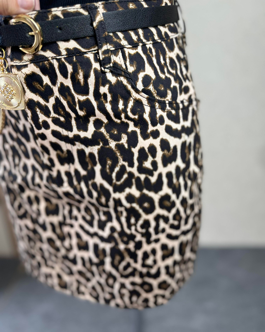 Taba leopar mini tam kalıp jean etek