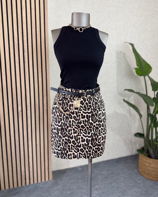 Taba leopar mini tam kalıp jean etek