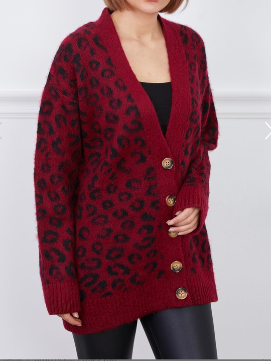 Bordo Leopar Uzun Triko Hırka