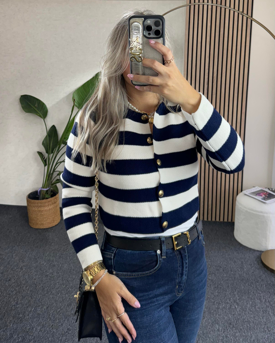 Lacivert -Beyaz Çizgili Gold düğme detaylı Crop Hırka