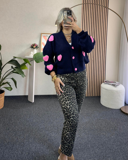 Lacivert Çilek Örme Detaylı Yün Hırka