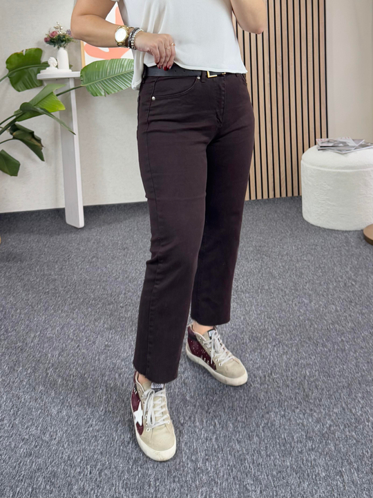 ACI KAHVE ORJ MARKA ETİKETLİ YÜKSEK BEL LİKRALI BİLEK BOY KESİK PAÇA JEAN PANTOLON