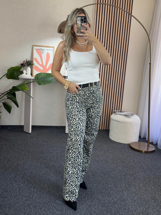 Beyaz Leopar orj. marka etiketli yüksek bel straight fit jean pantolon