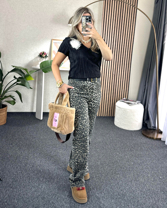 Leopar orj. marka etiketli yüksek bel straight fit jean pantolon