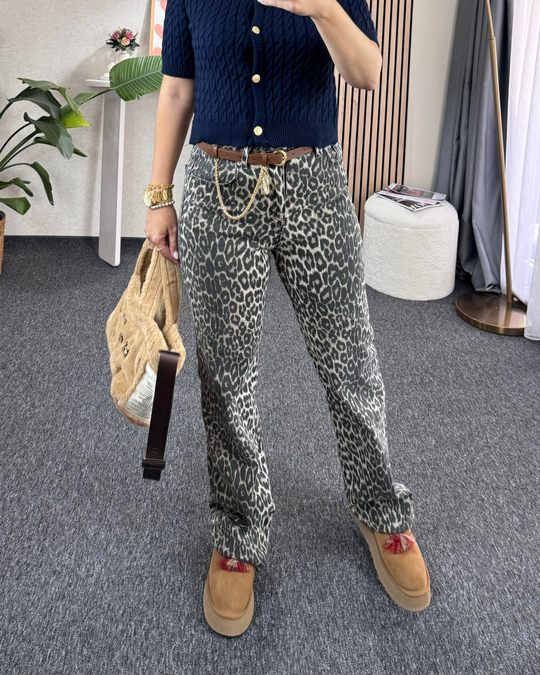 Leopar orj. marka etiketli yüksek bel straight fit jean pantolon