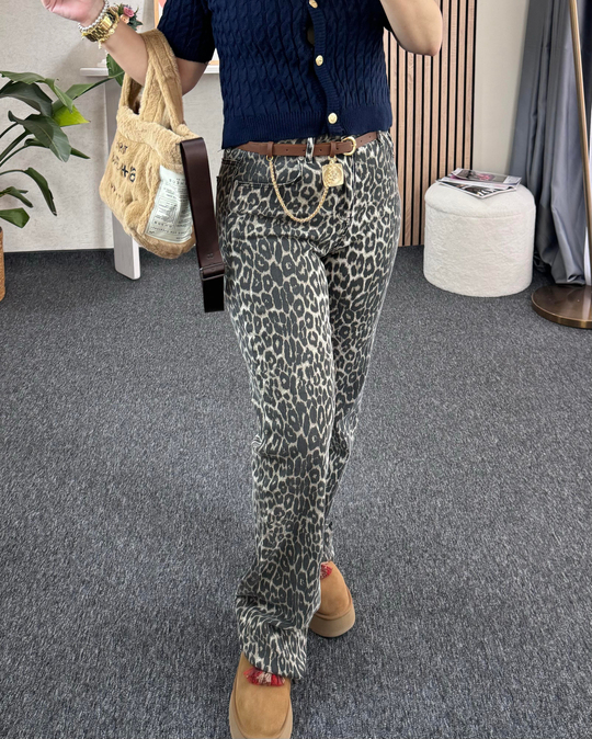 Leopar orj. marka etiketli yüksek bel straight fit jean pantolon