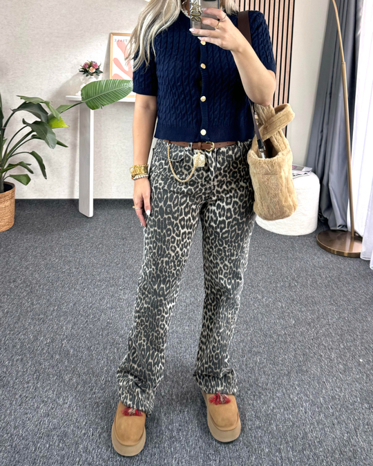 Leopar orj. marka etiketli yüksek bel straight fit jean pantolon