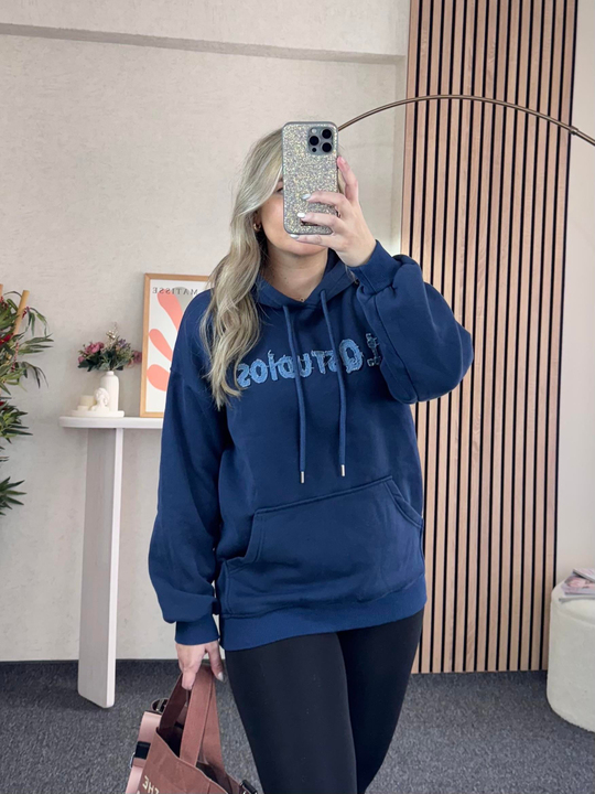 KOT NAKIŞLI KAPÜŞONLU LACİVERT SWEATSHİRT
