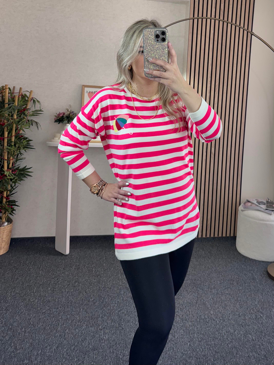 PEMBE ÇİZGİLİ ÖNÜ NAKIŞLI TUNİK İNCE TRİKO