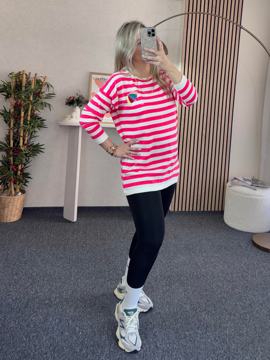 PEMBE ÇİZGİLİ ÖNÜ NAKIŞLI TUNİK İNCE TRİKO