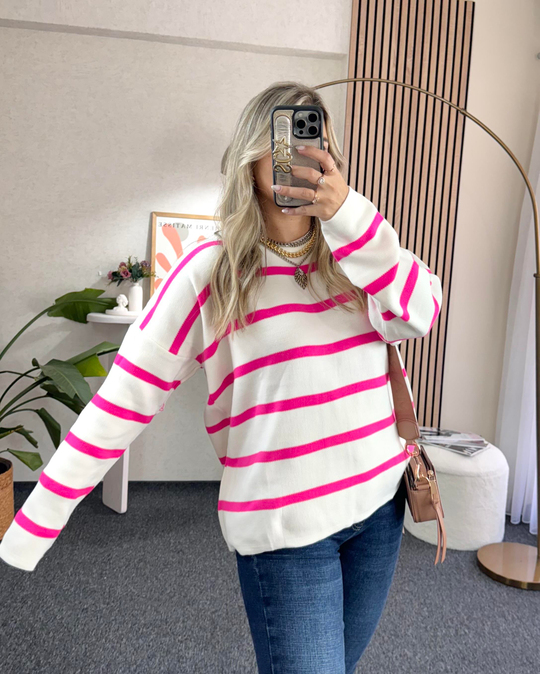 Pembe Çizgili Sıfır Yaka İnce Salaş Triko