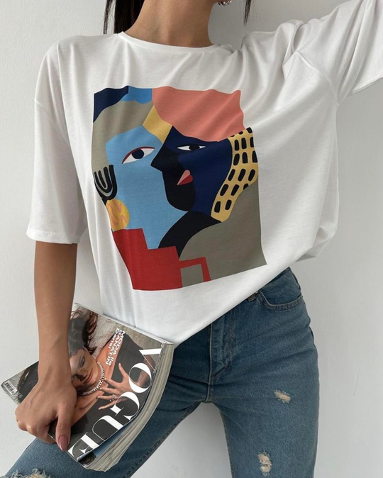 Pamuklu resim detaylı tshirt