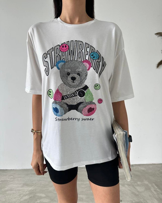 Pamuklu taş detaylı ayıcıklı tshirt