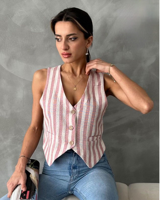Pudra pembe çizgili keten klasik yelek