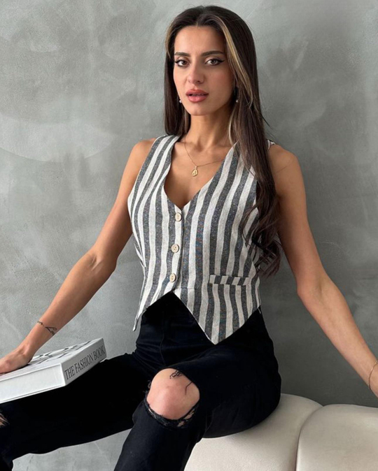 Siyah çizgili keten klasik yelek