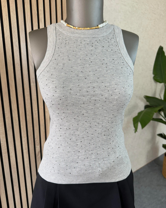BLUZ /BODYGri taşlı halter yaka body