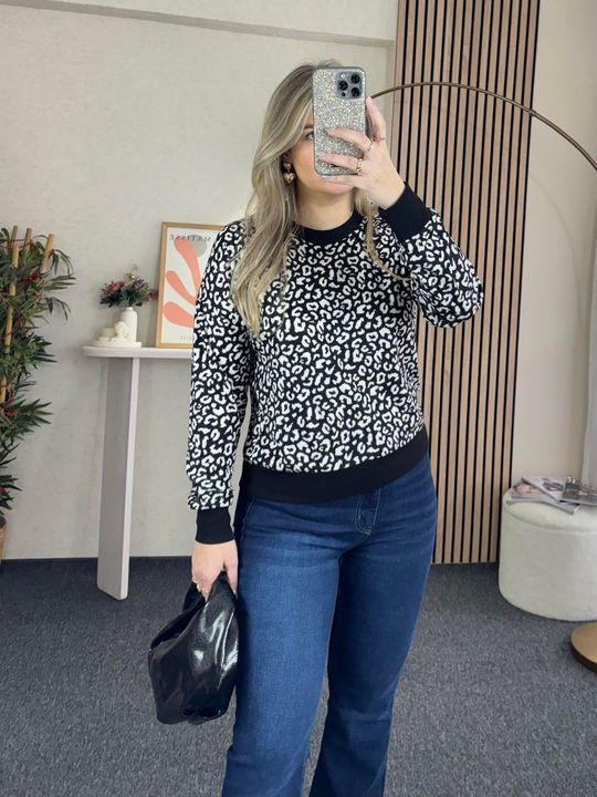 BLUZ /BODYSİYAH-BEYAZ LEOPAR PAMUK DOKUMA BLUZ 