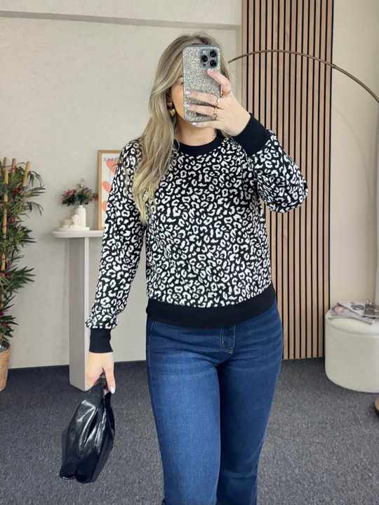 BLUZ /BODYSİYAH-BEYAZ LEOPAR PAMUK DOKUMA BLUZ 