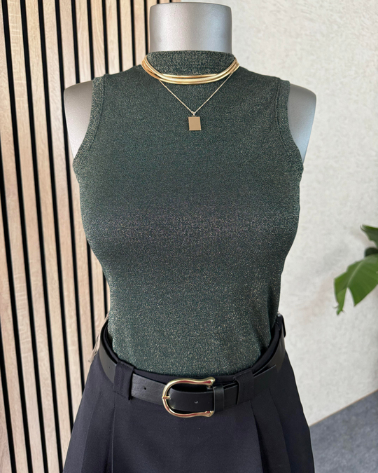 BLUZ /BODYYEŞİL SİMLİ SIFIRKOL BODY