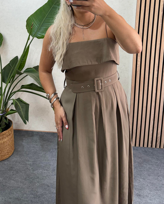 ELBİSEHaki Yeşili Madonna yaka tencel kumaş premium kalite kemerli uzun elbise
