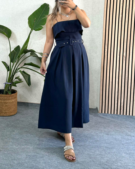 ELBİSELacivert Madonna yaka tencel kumaş premium kalite kemerli uzun elbise
