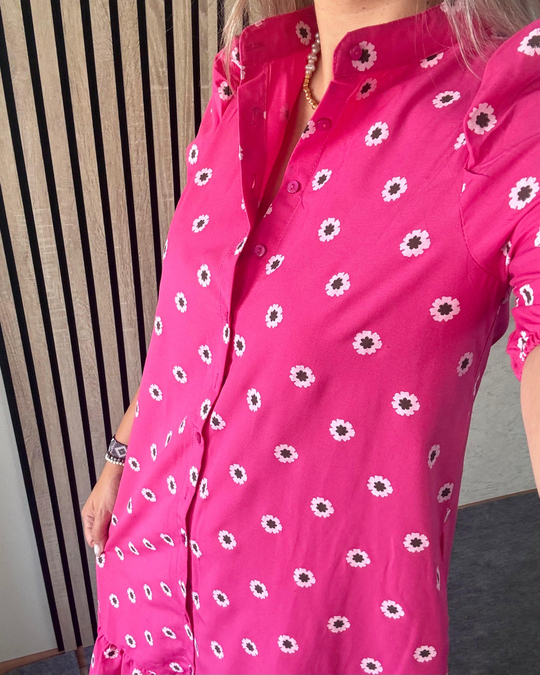 ELBİSEPapatya desenli pembe önden düğmeli elbise