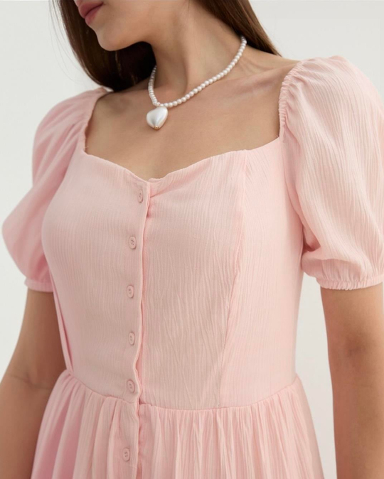 ELBİSEPembe kısa kollu önden düğmeli içten astarlı midi boy elbise