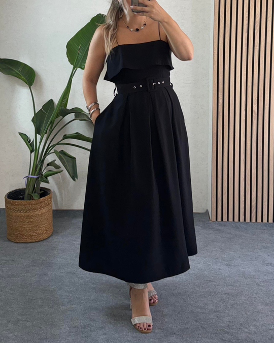 ELBİSESiyah Madonna yaka tencel kumaş premium kalite kemerli uzun elbise