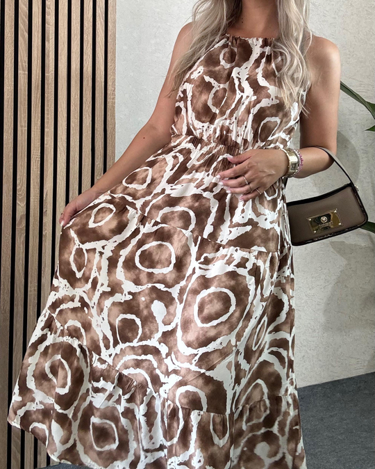 ELBİSESütlü kahve beli lastikli halter yaka midi boy viskon elbise