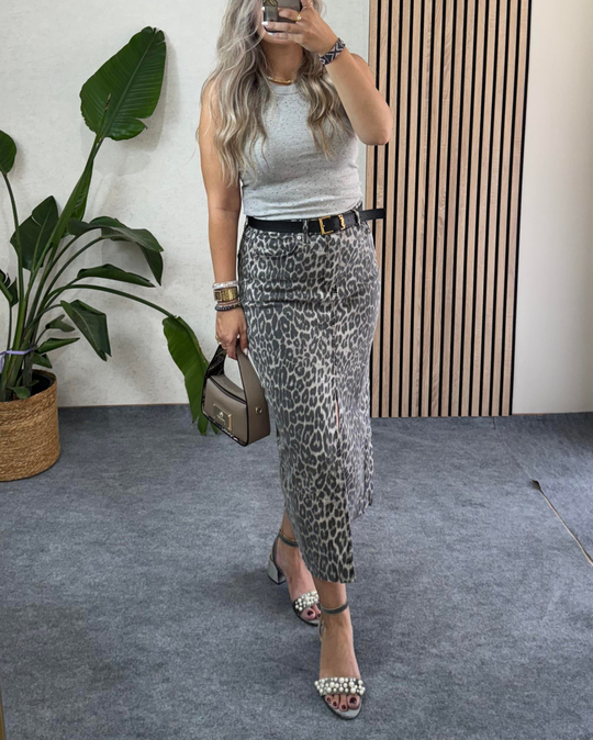 ETEKOrjinal marka premium seri likralı uzun koyu bej  midi boy leopar etek