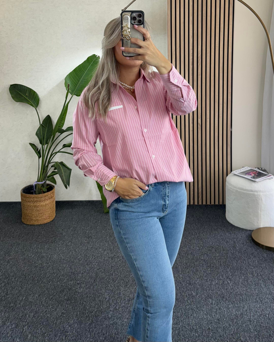 GÖMLEKBeyaz çizgi detaylı salaş pembe gömlek