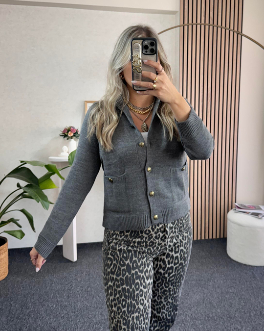 HIRKAFüme Gold Düğme Detaylı Çelik örme Triko Hırka