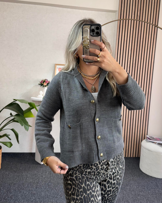 HIRKAFüme Gold Düğme Detaylı Çelik örme Triko Hırka