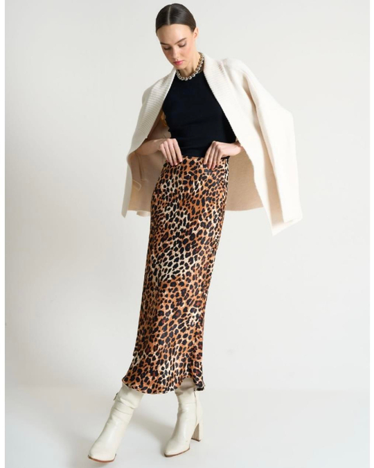 Leopar desenli midi boy dokuma etek
