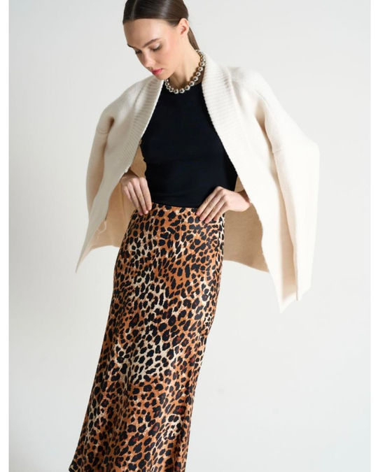 Leopar desenli midi boy dokuma etek