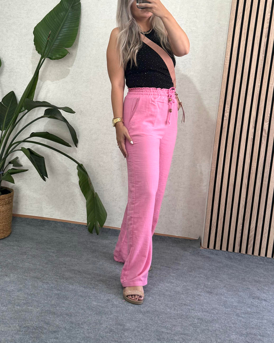 PANTOLONŞeker Pembe Yüksek bel Lastikli önden ip bağlamalı pamuklu pantolon