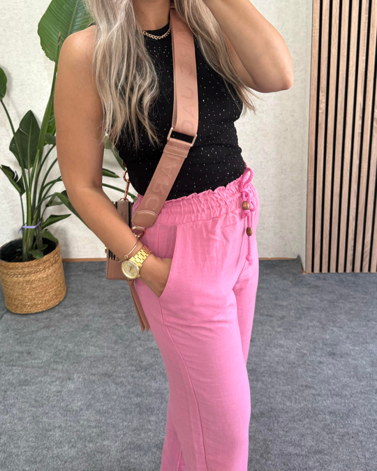 PANTOLONŞeker Pembe Yüksek bel Lastikli önden ip bağlamalı pamuklu pantolon
